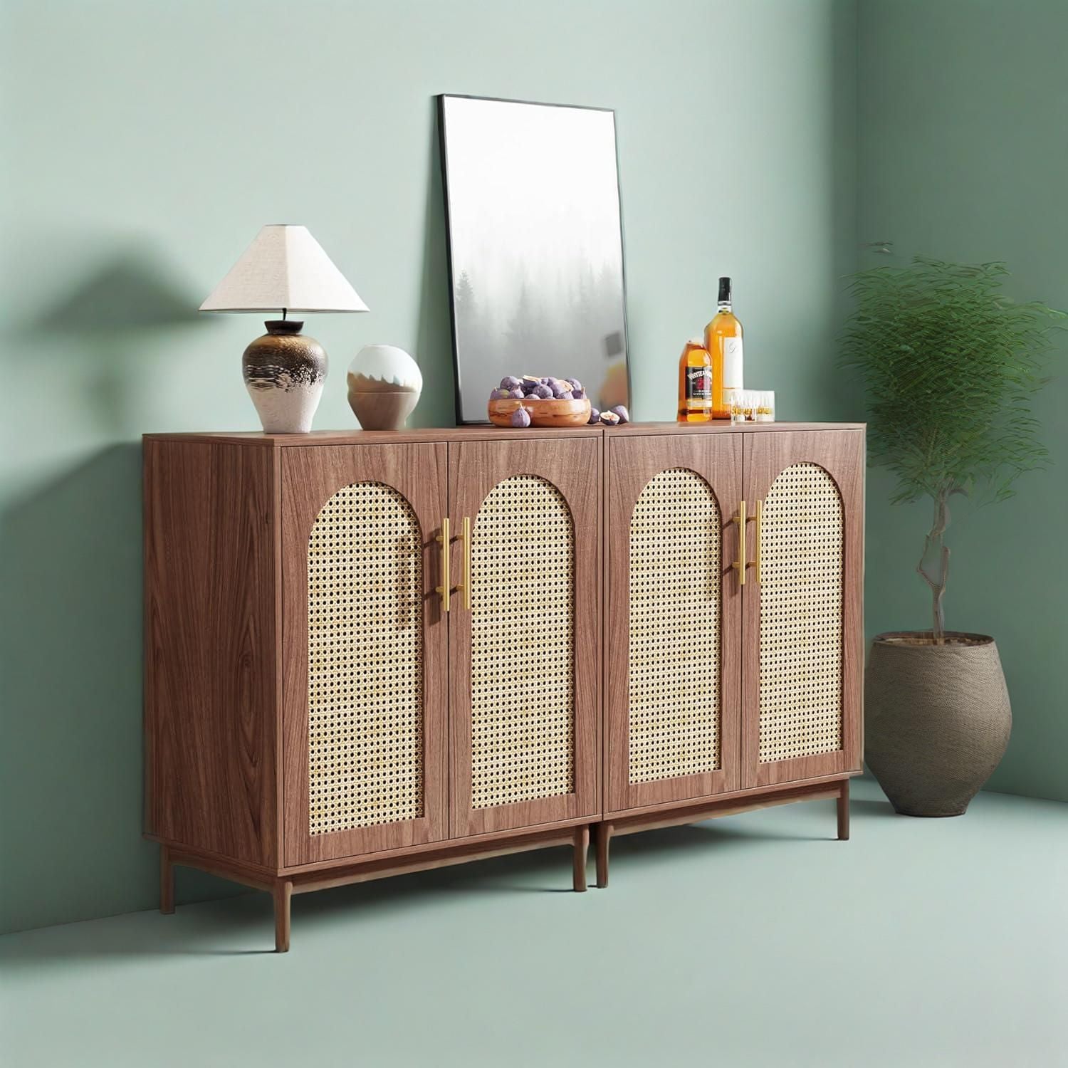 Natural Rattan 4-Door Sideboard Buffet Storage Cabinet
