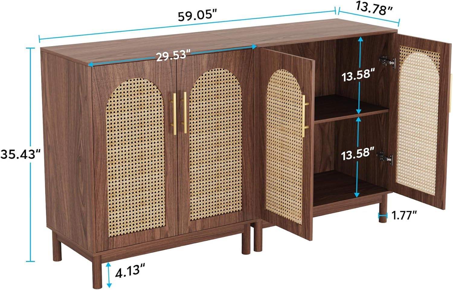 Natural Rattan 4-Door Sideboard Buffet Storage Cabinet