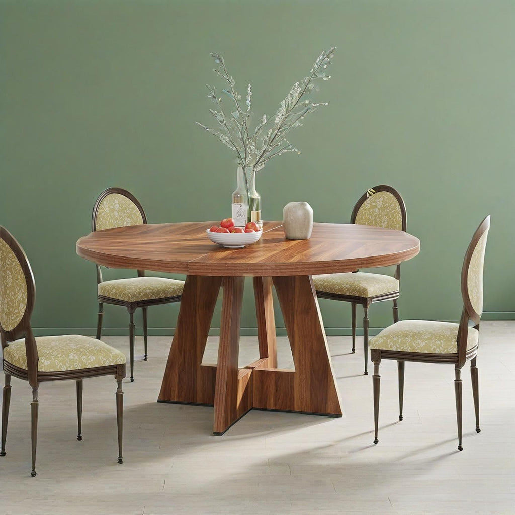 Round Wooden Walnut Dining Table with Pedestal Base
