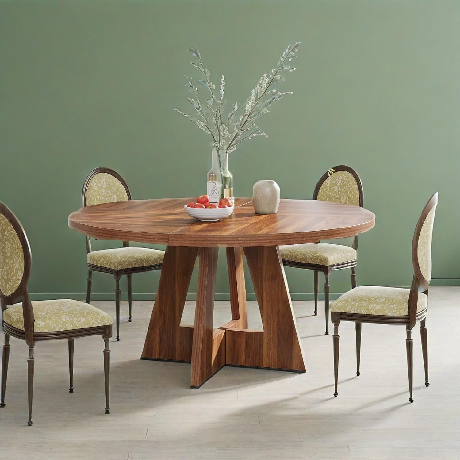Round Wooden Walnut Dining Table with Pedestal Base