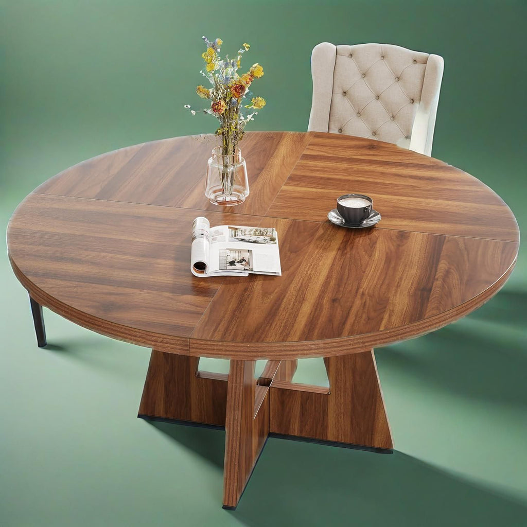 Round Wooden Walnut Dining Table with Pedestal Base