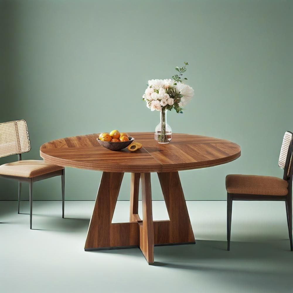 Round Wooden Walnut Dining Table with Pedestal Base