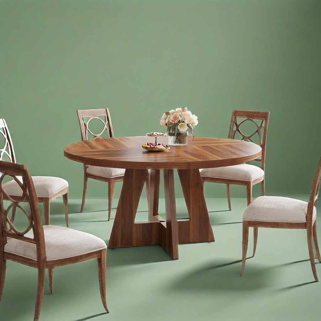 Round Wooden Walnut Dining Table with Pedestal Base
