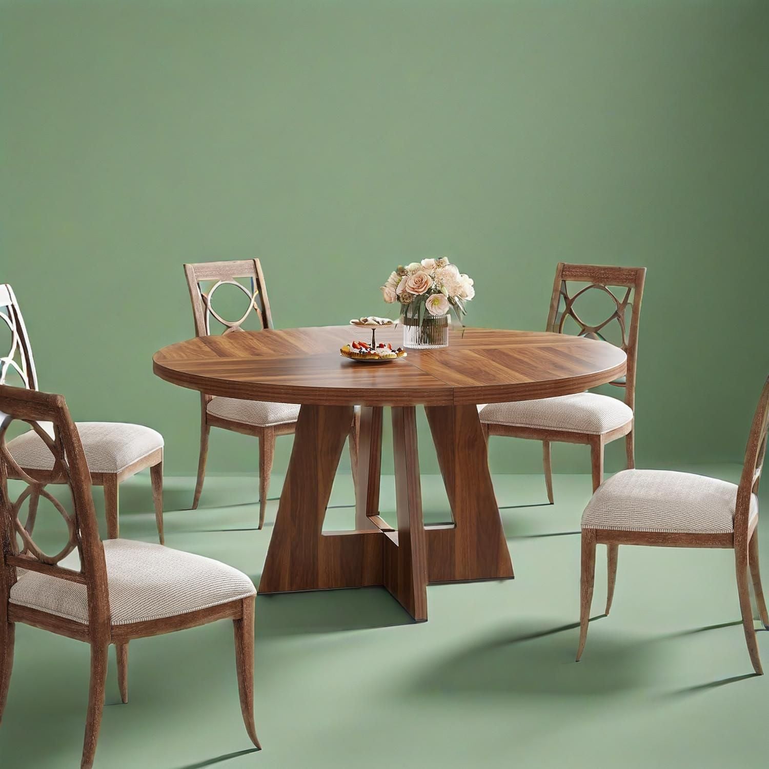 Round Wooden Walnut Dining Table with Pedestal Base